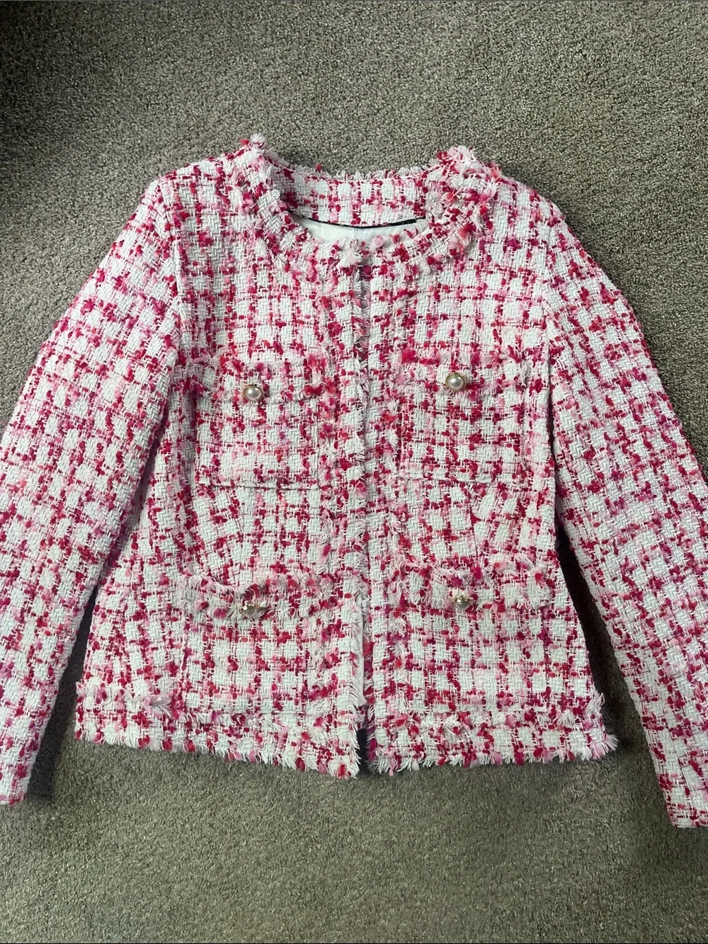 🎀🌺🌸Nanette Lepore sz8 Pink “tweed” Blazer pink red white Fringe Faux Pearls NWT